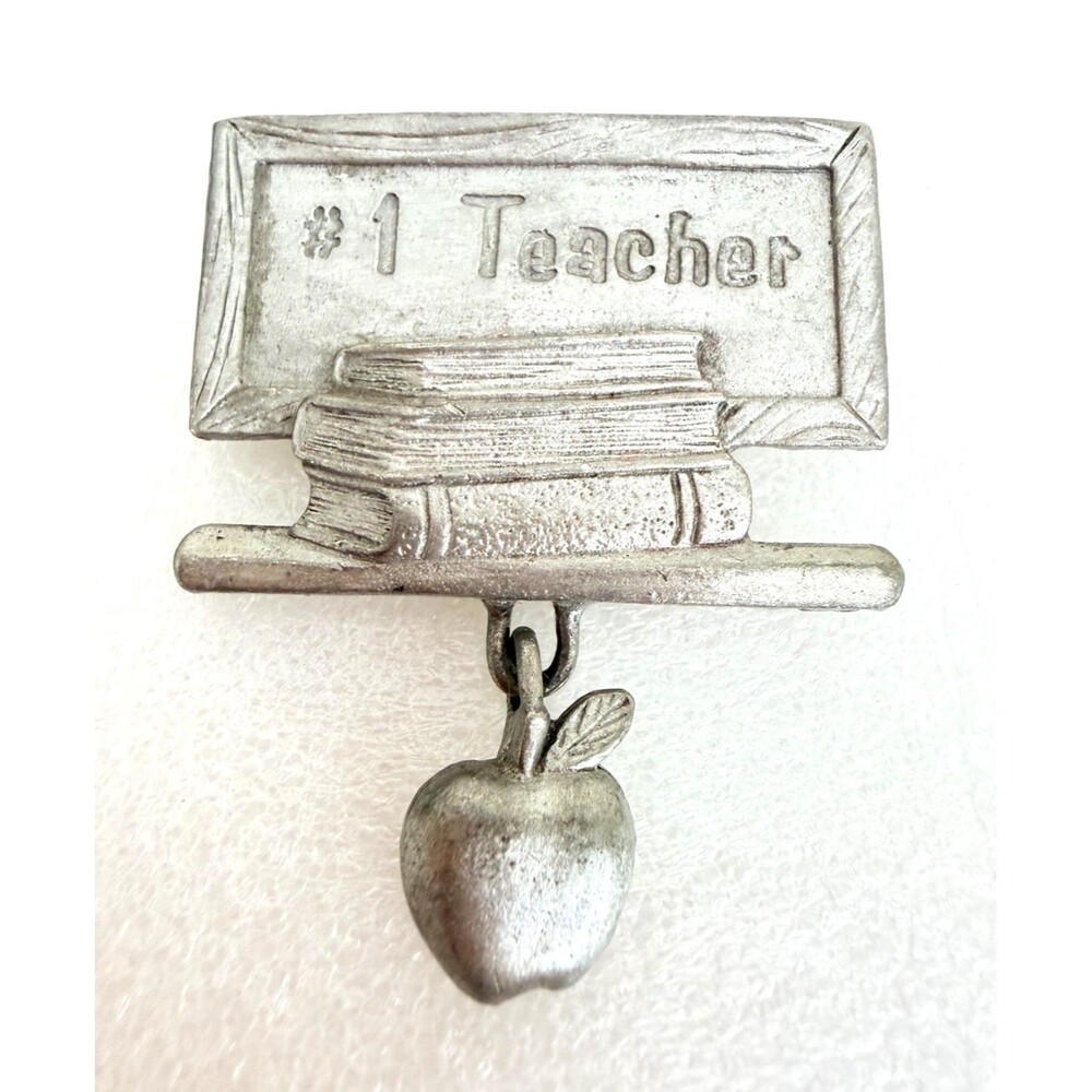 Vintage 1990s Pewter #1 Teacher Blackboard Books Apple Dangle Brooch Pin Spoonti